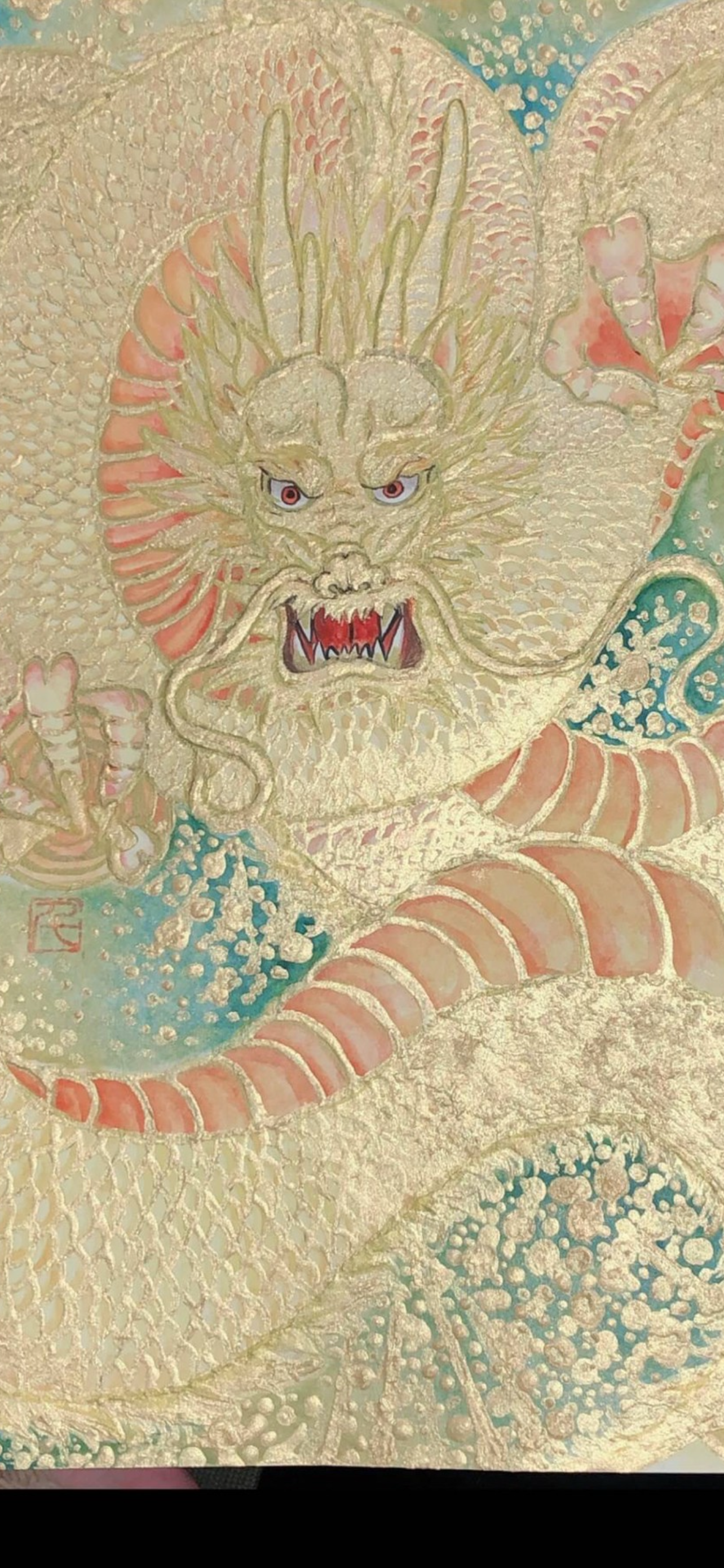 蓮の花と金の龍のスピリチュアルアート